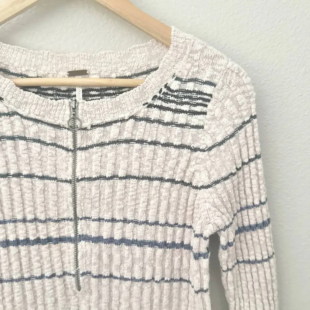 FREE PEOPLE | Rossi Striped Ribbed Knit Sweater Quarter-zip Neutral | Size Large - Picture 3 of 8